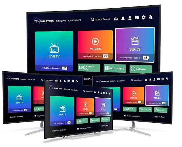 Multi-device UK IPTV: the IPTV Smarters app streaming on three TV screens at once