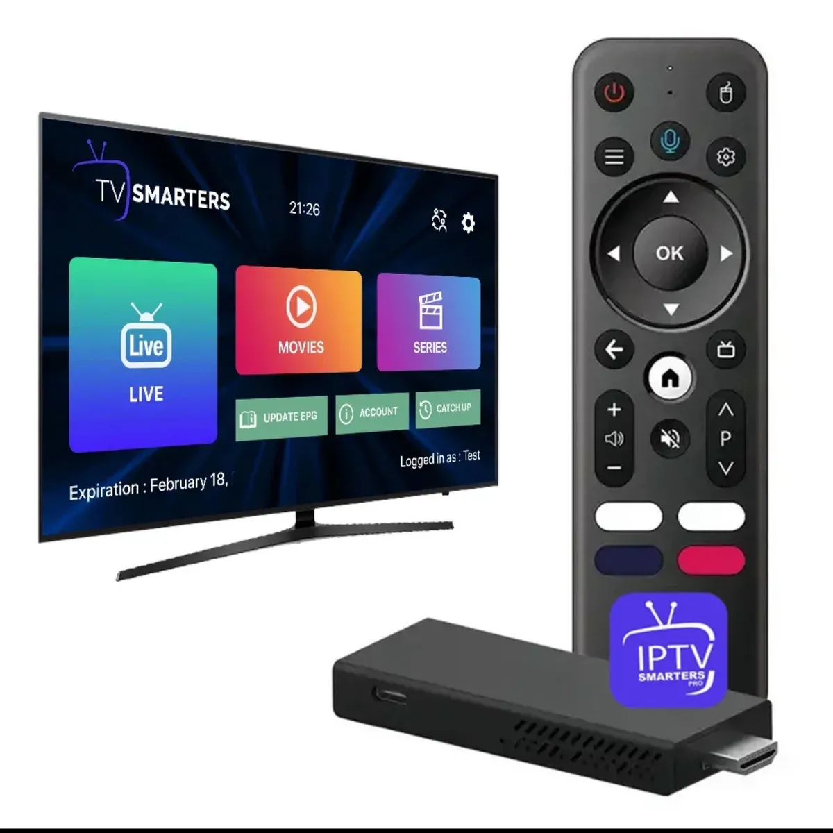 IPTV Smarters Pro app on a Smart TV with a Fire TV Stick and remote for UK IPTV
