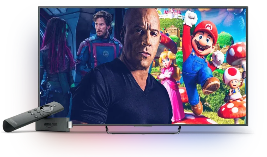 UK IPTV movies and series on a TV with an Amazon Fire TV Stick and remote
