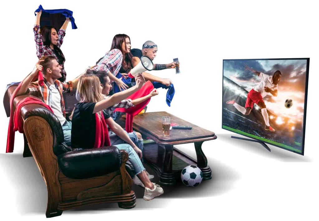 Friends watching live football on a TV with a UK IPTV subscription from Kevin UK IPTV